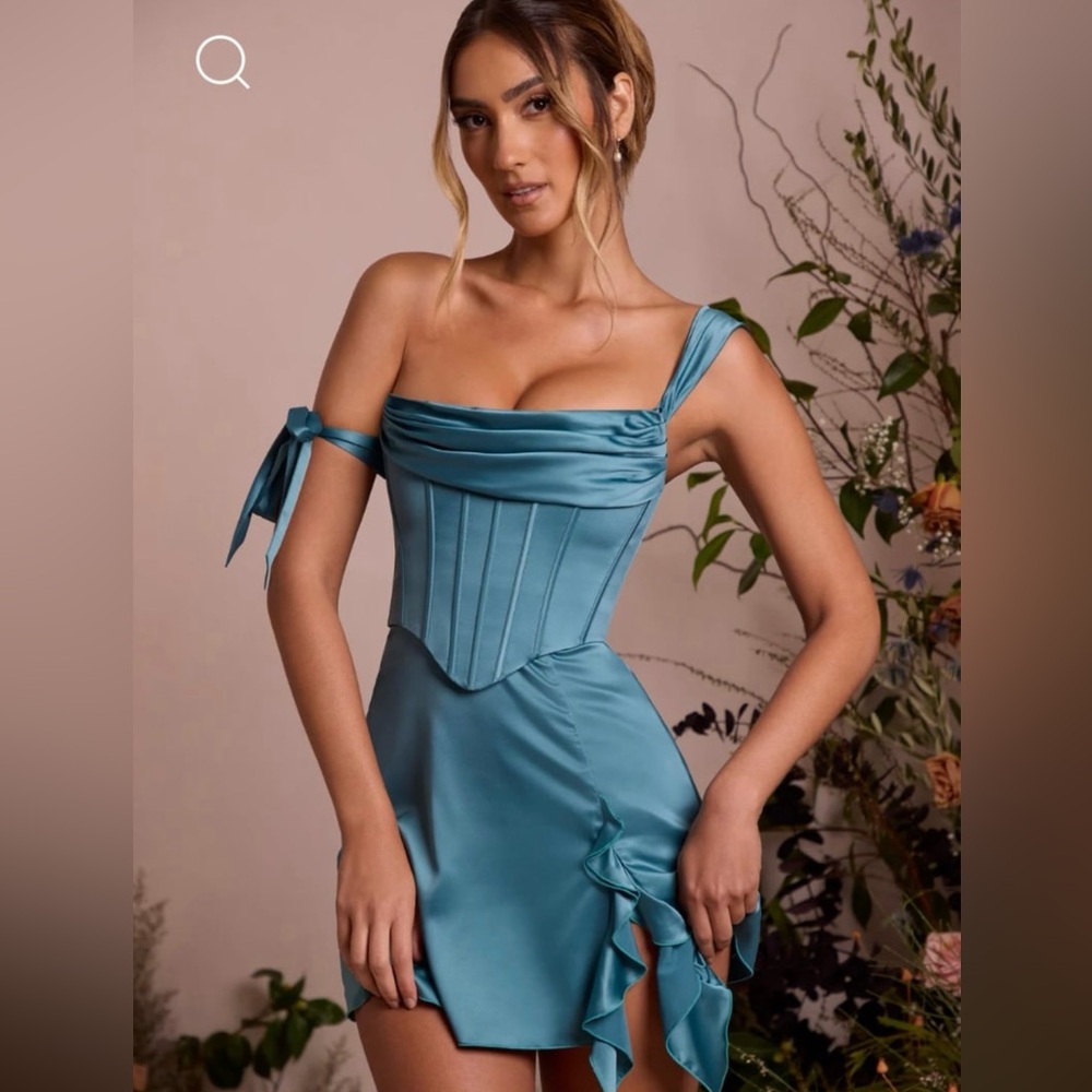 Oh Polly off shoulder corset mini dress in teal